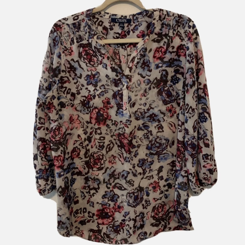 Chaps Navy Multi Floral Printed Split Neck 3/4 Sleeve  Pop Over Blouse